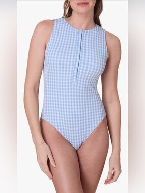 Andie Malibu Smocked One Piece Swimsuit Blue Gingham S NWOT